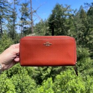 COACH Long Zip-Around Wallet Burnt Orange Pebble Leather Gold Hardware AUTHENTIC